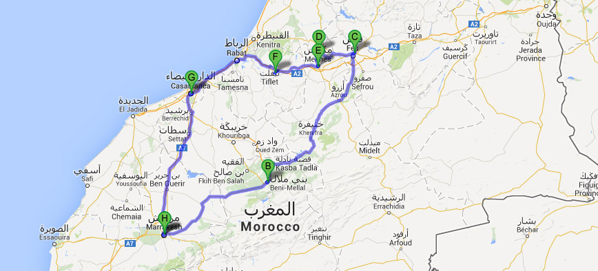 Mapa do Roteiro de 8 dias em Marrocos