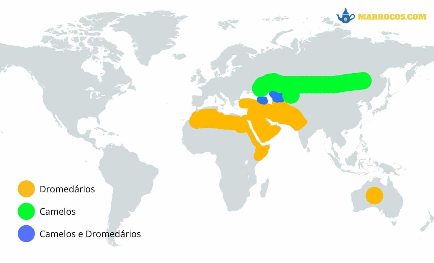 Mapa com a localização de camelos e dromedários no Mundo