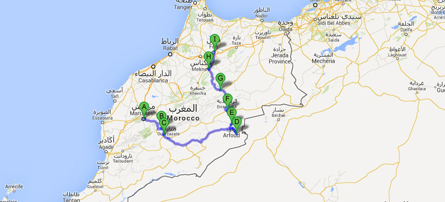 Mapa do Roteiro de 5 dias em Marrocos