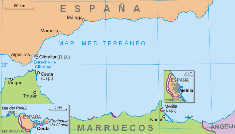 Mapa de Ceuta e Mellila no Norte de Africa